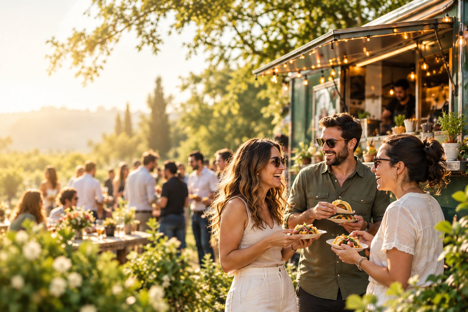 Friends sharing fresh food beside a food truck at an outdoor gathering
